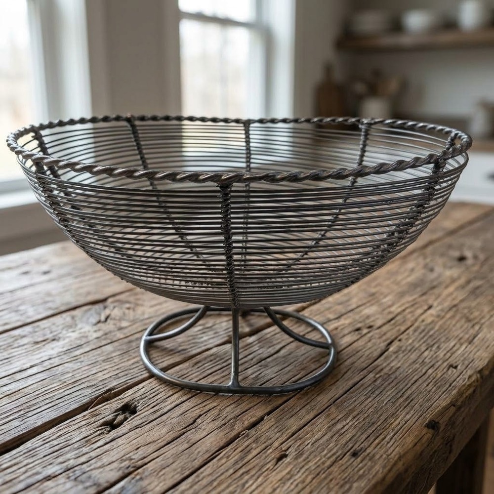 Vintage Style Industrial Wire Fruit Bowl Pedestal Basket Twisted Rim Farmhouse